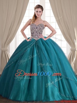 Three Piece Teal Sleeveless Brush Train Beading With Train Sweet 16 Dress