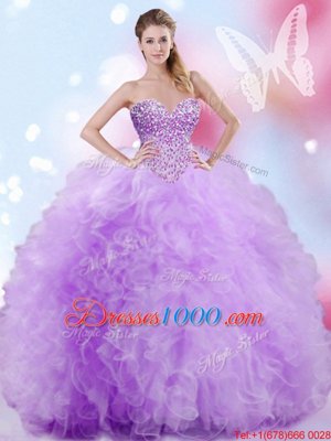 Dazzling Tulle Sweetheart Sleeveless Lace Up Beading and Ruffles Sweet 16 Quinceanera Dress in Lavender