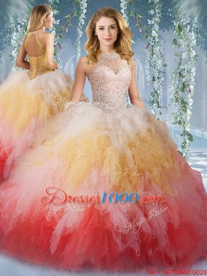 Admirable Halter Top Sleeveless Lace Up Floor Length Beading and Ruffles Quinceanera Dresses