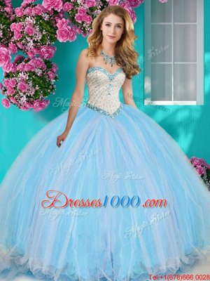 Enchanting Four Piece Baby Blue Sleeveless With Train Beading and Ruffles Lace Up Quinceanera Dresses