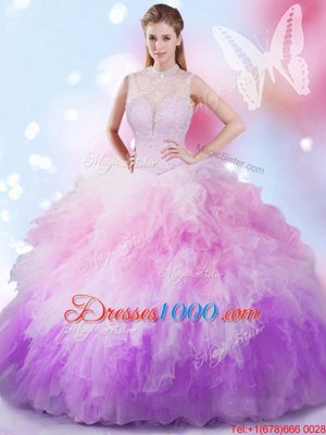 Clearance High-neck Sleeveless Sweet 16 Dresses Floor Length Beading and Ruffles Multi-color Tulle