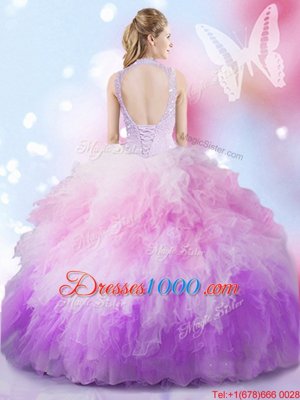 Clearance High-neck Sleeveless Sweet 16 Dresses Floor Length Beading and Ruffles Multi-color Tulle