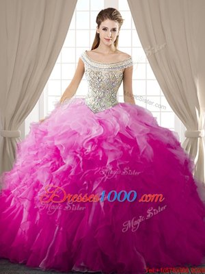Off the Shoulder Fuchsia Sleeveless Organza Lace Up 15 Quinceanera Dress for Military Ball and Sweet 16 and Quinceanera