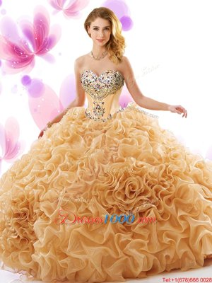 Fantastic Organza Sweetheart Sleeveless Court Train Lace Up Beading and Ruffles Ball Gown Prom Dress in Champagne