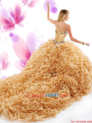 Fantastic Organza Sweetheart Sleeveless Court Train Lace Up Beading and Ruffles Ball Gown Prom Dress in Champagne