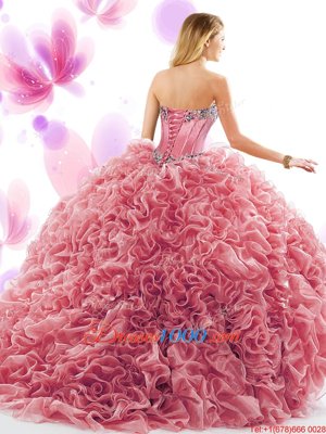 Fantastic Organza Sweetheart Sleeveless Court Train Lace Up Beading and Ruffles Ball Gown Prom Dress in Champagne