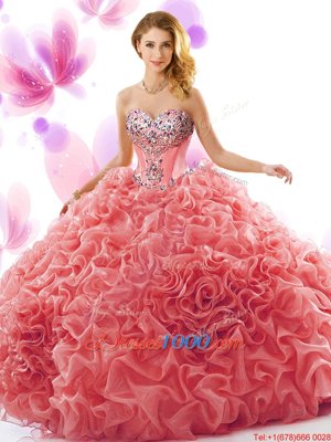 Fantastic Organza Sweetheart Sleeveless Court Train Lace Up Beading and Ruffles Ball Gown Prom Dress in Champagne