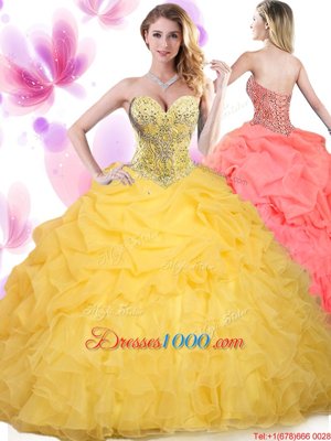 Adorable Sleeveless Floor Length Beading and Ruffled Layers Lace Up 15th Birthday Dress with Gold