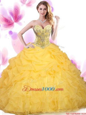 Adorable Sleeveless Floor Length Beading and Ruffled Layers Lace Up 15th Birthday Dress with Gold