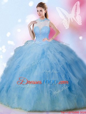 Dramatic Beading and Ruffles Ball Gown Prom Dress Baby Blue Lace Up Sleeveless Floor Length