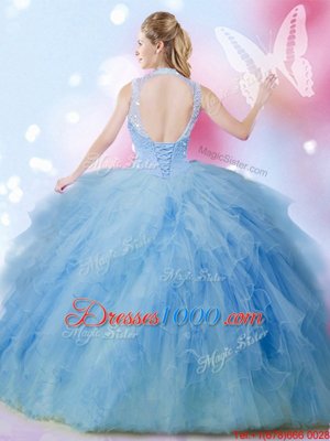 Dramatic Beading and Ruffles Ball Gown Prom Dress Baby Blue Lace Up Sleeveless Floor Length