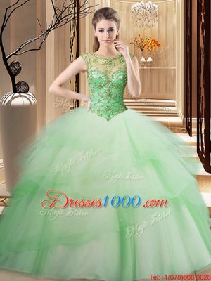 Apple Green Ball Gowns Tulle Scoop Sleeveless Beading and Ruffled Layers Lace Up Quinceanera Gowns Brush Train