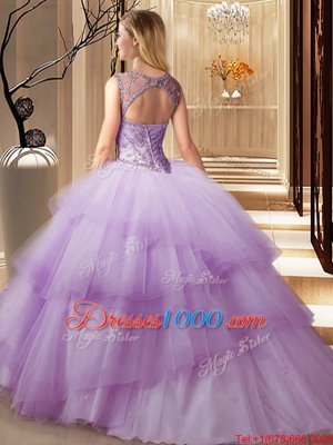 Apple Green Ball Gowns Tulle Scoop Sleeveless Beading and Ruffled Layers Lace Up Quinceanera Gowns Brush Train