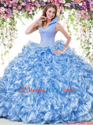 Blue Ball Gowns Organza High-neck Sleeveless Beading and Ruffles Floor Length Backless Vestidos de Quinceanera