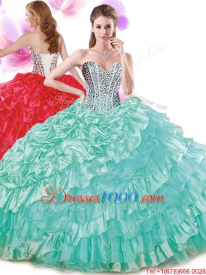 Pick Ups Ruffled Sweetheart Sleeveless Lace Up Quinceanera Dresses Turquoise Organza and Taffeta