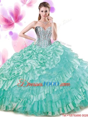 Pick Ups Ruffled Sweetheart Sleeveless Lace Up Quinceanera Dresses Turquoise Organza and Taffeta