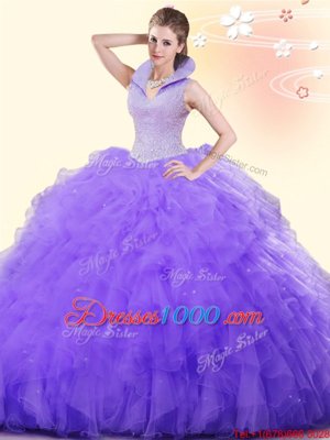 Artistic Floor Length Backless Quinceanera Gown Lavender and In for Military Ball and Sweet 16 and Quinceanera with Beading and Ruffles