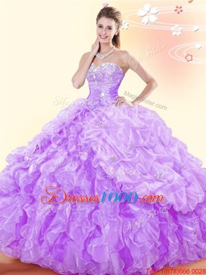 Flirting Lavender Organza Lace Up Sweetheart Sleeveless Floor Length Sweet 16 Dresses Beading and Ruffles and Pick Ups