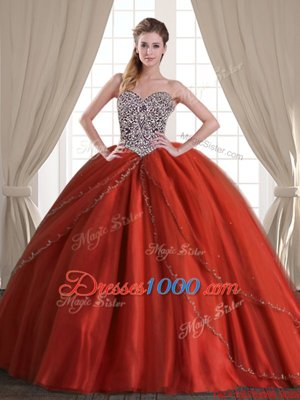 Three Piece Rust Red Ball Gowns Sweetheart Sleeveless Tulle With Brush Train Lace Up Beading Quince Ball Gowns