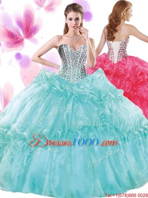 Turquoise Organza Lace Up Quinceanera Gowns Sleeveless Floor Length Beading and Pick Ups