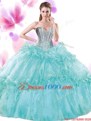 Turquoise Organza Lace Up Quinceanera Gowns Sleeveless Floor Length Beading and Pick Ups