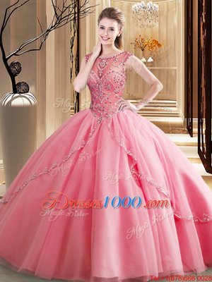 Custom Designed Brush Train Ball Gowns Quince Ball Gowns Watermelon Red Scoop Tulle Sleeveless Lace Up