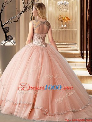 Custom Designed Brush Train Ball Gowns Quince Ball Gowns Watermelon Red Scoop Tulle Sleeveless Lace Up