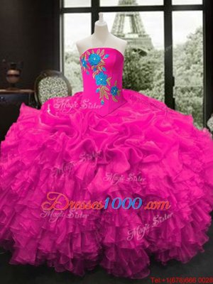Ball Gowns Ball Gown Prom Dress Fuchsia Strapless Organza Sleeveless Floor Length Lace Up