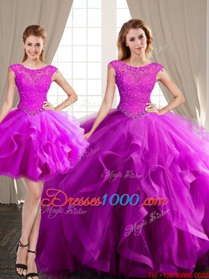 Most Popular Three Piece Scoop Cap Sleeves Tulle With Brush Train Lace Up Quince Ball Gowns in Fuchsia for with Beading and Appliques and Ruffles