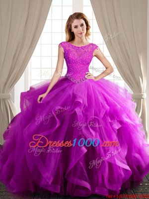 Most Popular Three Piece Scoop Cap Sleeves Tulle With Brush Train Lace Up Quince Ball Gowns in Fuchsia for with Beading and Appliques and Ruffles