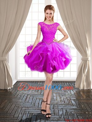 Most Popular Three Piece Scoop Cap Sleeves Tulle With Brush Train Lace Up Quince Ball Gowns in Fuchsia for with Beading and Appliques and Ruffles