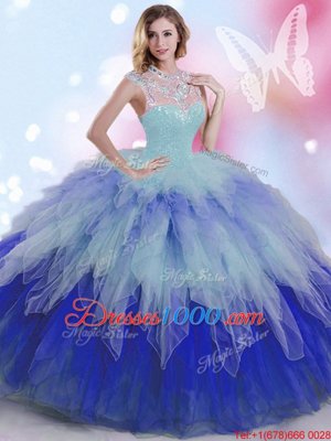 Tulle High-neck Sleeveless Zipper Beading and Ruffles Sweet 16 Dresses in Multi-color