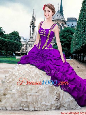 Straps Straps With Train Lace Up 15th Birthday Dress White And Purple and In for Military Ball and Sweet 16 and Quinceanera with Beading and Ruffles and Pick Ups Brush Train