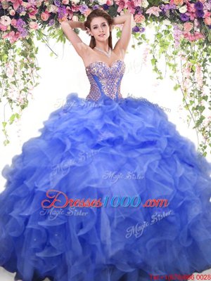 Blue Sweetheart Lace Up Beading and Ruffles 15 Quinceanera Dress Sleeveless