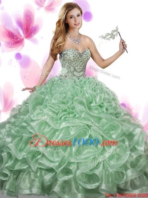 Fitting Green Sweetheart Neckline Beading and Ruffles Quinceanera Gowns Sleeveless Lace Up