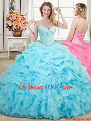 Edgy Floor Length Lace Up Sweet 16 Quinceanera Dress Aqua Blue and In for Military Ball and Sweet 16 and Quinceanera with Beading and Ruffles and Pick Ups