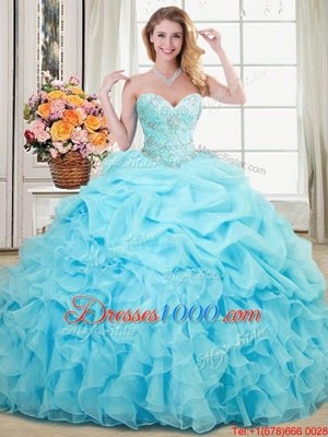 Edgy Floor Length Lace Up Sweet 16 Quinceanera Dress Aqua Blue and In for Military Ball and Sweet 16 and Quinceanera with Beading and Ruffles and Pick Ups