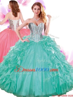 Shining Turquoise Sweet 16 Dress Military Ball and Sweet 16 and Quinceanera and For with Beading and Ruffles Sweetheart Sleeveless Lace Up