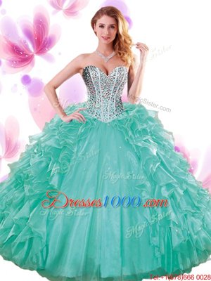 Shining Turquoise Sweet 16 Dress Military Ball and Sweet 16 and Quinceanera and For with Beading and Ruffles Sweetheart Sleeveless Lace Up