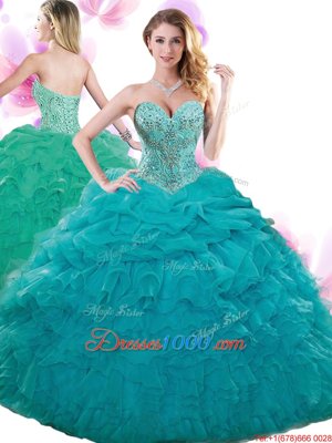 Nice Teal Organza Lace Up Sweetheart Sleeveless Floor Length Quinceanera Dress Beading and Ruffles and Pick Ups