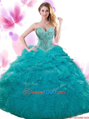 Nice Teal Organza Lace Up Sweetheart Sleeveless Floor Length Quinceanera Dress Beading and Ruffles and Pick Ups