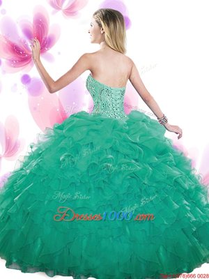 Nice Teal Organza Lace Up Sweetheart Sleeveless Floor Length Quinceanera Dress Beading and Ruffles and Pick Ups