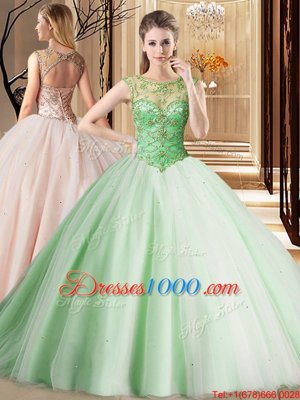 Scoop Sleeveless Tulle Quince Ball Gowns Beading Brush Train Lace Up