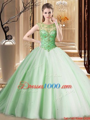 Scoop Sleeveless Tulle Quince Ball Gowns Beading Brush Train Lace Up