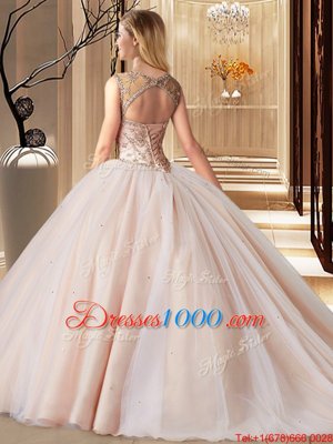 Scoop Sleeveless Tulle Quince Ball Gowns Beading Brush Train Lace Up