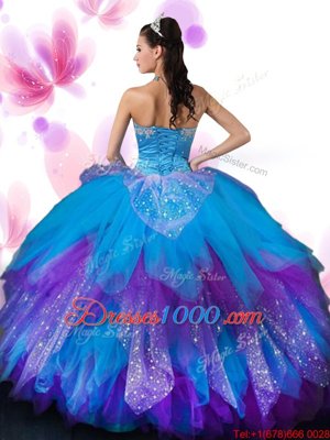 Top Selling Floor Length Multi-color Sweet 16 Quinceanera Dress Tulle Sleeveless Appliques and Ruffled Layers and Hand Made Flower