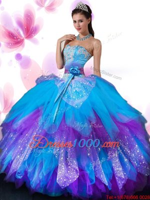 Top Selling Floor Length Multi-color Sweet 16 Quinceanera Dress Tulle Sleeveless Appliques and Ruffled Layers and Hand Made Flower