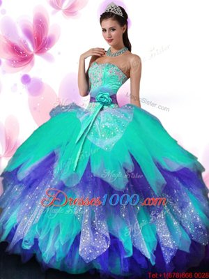 Top Selling Floor Length Multi-color Sweet 16 Quinceanera Dress Tulle Sleeveless Appliques and Ruffled Layers and Hand Made Flower