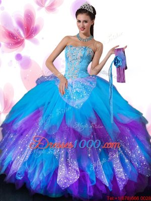 Top Selling Floor Length Multi-color Sweet 16 Quinceanera Dress Tulle Sleeveless Appliques and Ruffled Layers and Hand Made Flower