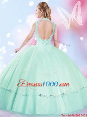 Free and Easy Apple Green Tulle Lace Up Quinceanera Dresses Sleeveless Floor Length Beading